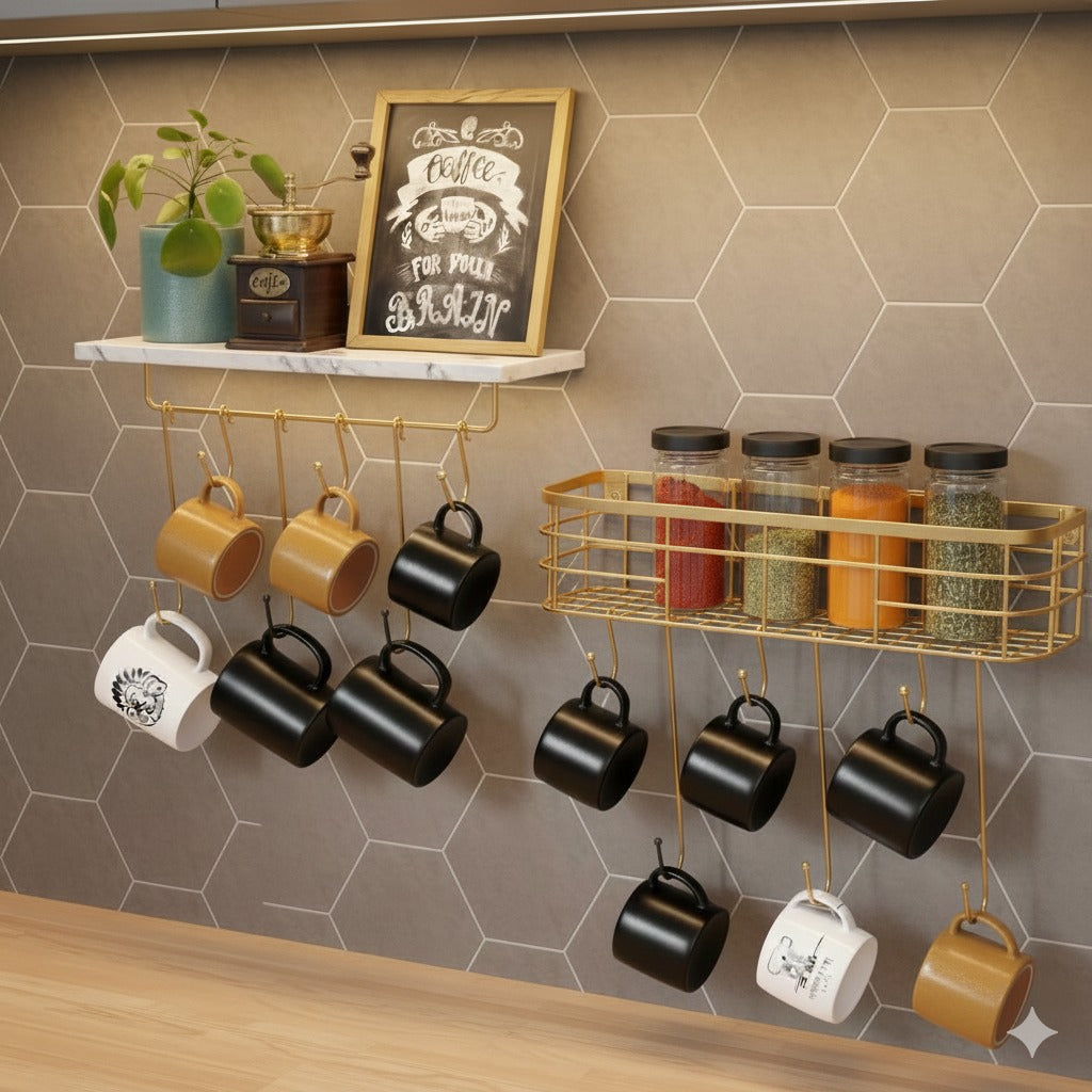 Wall Mounted Shelf Organizer with 6 Hooks