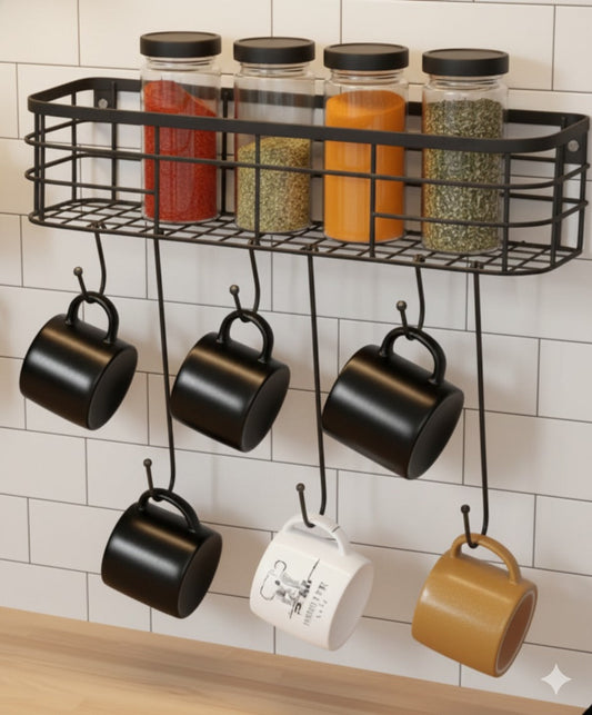 Wall Mounted Shelf Organizer with 6 Hooks